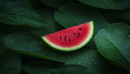Single Slice of Juicy Red Watermelon Rests on Vibrant Green Leaves Adorned with Water Dropletsの素材