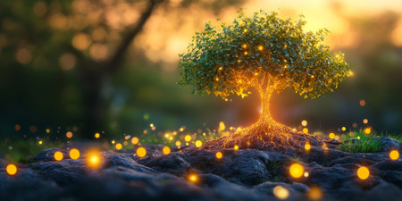 Magical Green Tree with Glowing Neuron Roots Illuminating the Night at Sunset - AI Generatedの素材