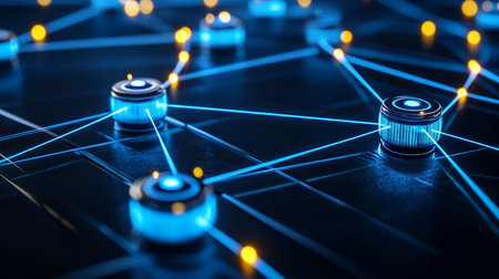 Network, Glowing Orbs Connected by Radiant Lines, Technology Concept, Communication, Data Transferの素材