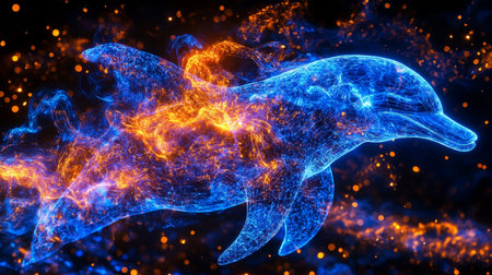 Abstract Glowing Blue Dolphin With Energy Trails, Dark Cosmic Background, Digital Artの素材