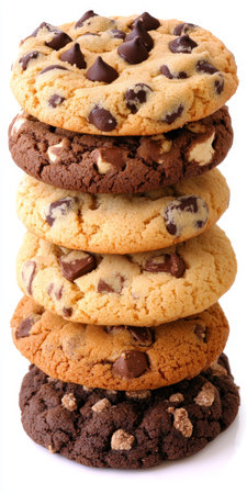 Delicious Stack of Variety Chocolate Chip Cookies on White, Isolated Cookies Tempting Treatの素材