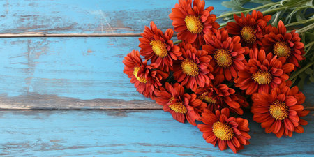 Vibrant Rustic Greeting Orange Chrysanthemums in Full Bloom Rest on Blue Textured Woodの素材