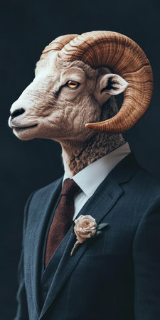 Sophisticated Ram in Suit, a Conceptual Portrait of Wild and Elegance on Dark Backgroundの素材