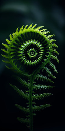 Young Fern Spiral Close-Up, Bright Green Colors On a Dark Green Background, Macro Photographyの素材