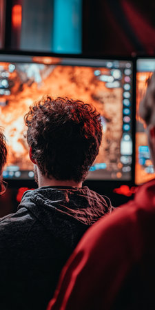 Esports Tournament Intensity Players Locked in Battle, Screens Glowing, Competitive Gamingの素材