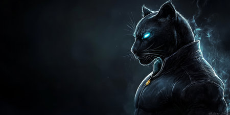 Mystical Panther Warrior Profile Portrait Against Dark Background, Blending Animal and Human Traitsの素材