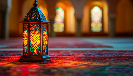 Glowing Lantern in Mosque Ramadan Kareem Greeting Card, Islamic Background, Muslim Holidayの素材