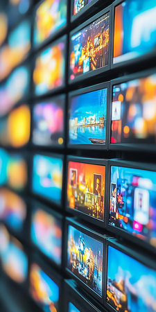 Wall Of Digital Displays Showing Vivid Colors, Videos, Games, And Streaming Online Movie Contentの素材