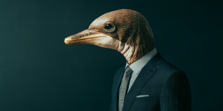 Anthropomorphic Dolphin in Suit, Profile on Dark Background, Animal Human Hybrid Conceptの素材