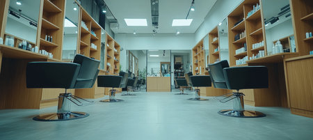 Modern, Empty Hair Salon Interior With Rows Of Styling Stations, Large Mirrors, And Product Displaysの素材