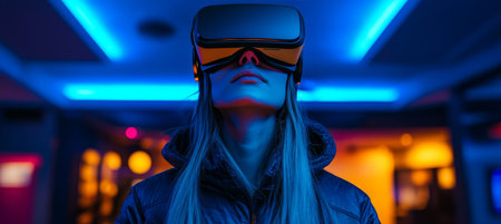 Young Woman in VR Headset Explores Metaverse, Immersive Digital World With Vibrant Lightingの素材