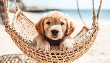 Adorable Golden Retriever Puppy Enjoying Relaxation on a Beach Hammock, Summer Vacation Vibesの素材