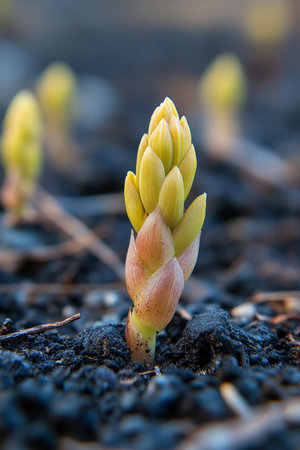 Green Hosta Shoots Sprouting Through Soil, Sign Of New Life In Spring, Natural Backgroundの素材