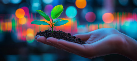 Hand Holding a Small Plant with Soil Against a Blurred Backdrop of City Lights, Representing Growthの素材