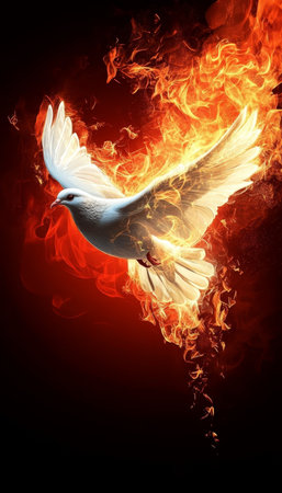 White Dove in Flight With Fiery Wings Symbolizing the Holy Spirit, Faith, Hope, And Peaceの素材