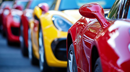 Vibrant Lineup A Row of Modern and Classic Sports Cars at an Outdoor Automobile Exhibitionの素材
