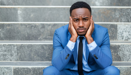 Stressed Businessman Sitting Outside on Steps in Despair, Contemplative Look, Bright Natural Lightの素材