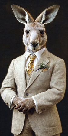 Portrait of Anthropomorphic Kangaroo Gentleman Wearing Suit with Bow Tie on a Dark Backgroundの素材