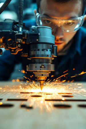 Sparks Fly as Craftsman Oversees CNC Router Precision Cutting Plywood Sheet in Workshopの素材