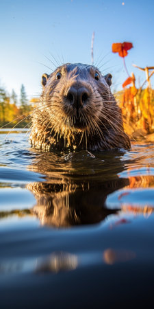 Wet Furry Friend A Close-Up Portrait of a Curious Swimming Beaver in Its Natural Habitatの素材
