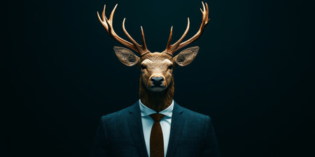 Deer In A Suit. Animal Human Hybrid, Elegant Stag Head With Business Suit, Surreal Conceptual Artの素材
