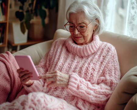 Concentrated senior woman with glasses using a smartphone, feeling concerned and frustrated.の素材