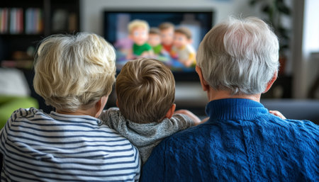 Family Bonding Time Grandparents, Grandchild Enjoy Cartoon Together on Streaming Serviceの素材