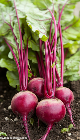 Fresh, organic beets growing in garden soil, close-up view showing vibrant red roots.の素材