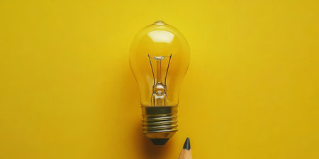 Bright Idea, Creative Inspiration for Business, Lightbulb and Pencil on Vivid Yellow Background.の素材