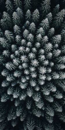 Abstract Drone Photography. Dense Monochrome Fir Trees Foliage In Dark Winter Forest. Fir Plantationの素材
