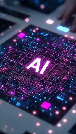 AI Text on Futuristic Circuit Board, Artificial Intelligence and Machine Learning Conceptの素材