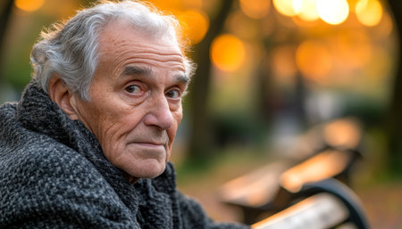 Portrait of an Elderly Man with Timeless Wisdom, Contemplating Life in Autumn s Embrace.の素材