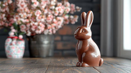 Chocolate Easter Bunny and Spring Flowers Rustic Holiday Decoration with Blooming Branches.の素材