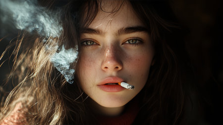 Close Up Portrait, Young Woman Smoking Cigarette, Her Expression Is Brooding and Moodyの素材