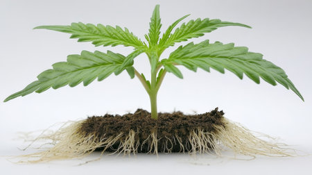 Isolated Cannabis Seedling Young Marijuana Plant with Delicate Roots on White Backgroundの素材