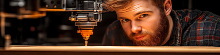 Skilled Craftsman Intensely Examines Precise CNC Router Cut on Wood with a Look of Accomplishmentの素材