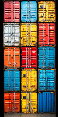 Colorful Stack of Shipping Containers in Primary Colors. Sunny Day at a Container Terminalの素材