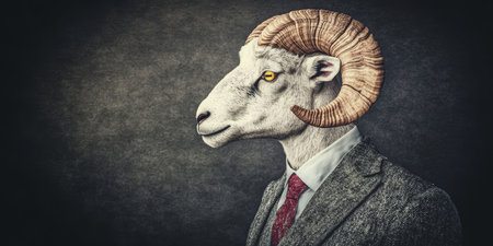 Ram in a Suit Anthropomorphic Portrait on Dark Background, Blending Animal and Human Traitsの素材