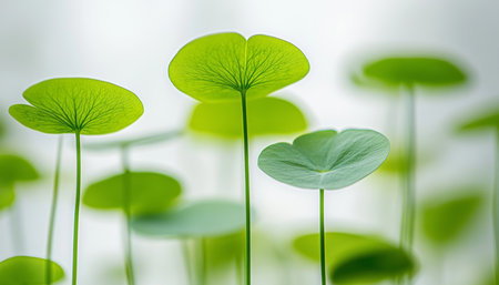 Close-up, Bright Green, Round Leaves of Centella Asiatica Plant, Isolated on White Backgroundの素材
