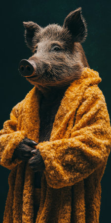 Anthropomorphic Wild Boar in Luxurious Golden Robe, a Striking and Evocative Portraitの素材