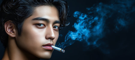 Close-Up Portrait, Moody Lighting Young Man Drawing on a Cigarette, Smoke Curling Around His Faceの素材