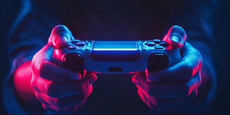 Gamer s Hands on Controller, Intense Gameplay, Immersive Gaming Experience, Precision and Controlの素材
