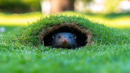 Curious Mink Mole Peeking from Burrow Entrance, Wildlife Encounter in Lush Green Lawnの素材