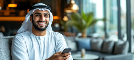 Smiling Arabian Businessman Using Smartphone in Modern Office, Professional in Traditional Attireの素材
