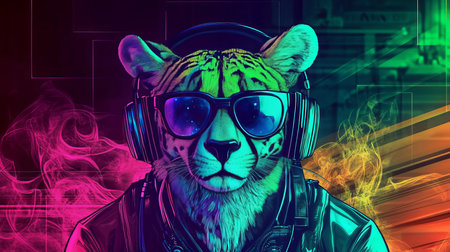Neon Cheetah DJ Cool, Vibrant Party Animal Wearing Headphones and Sunglasses, Digital Artの素材