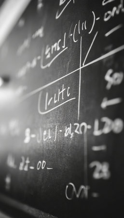 Abstract Background of a Black Chalkboard with Mathematical Equations and Formulas in White Chalkの素材