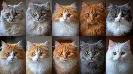 Collage of Ten Fluffy Domestic Cats, Showcasing Diverse Fur Colors, Longing for Homesの素材