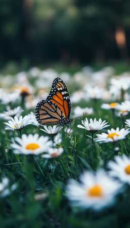 Monarch Butterfly Perched on a Daisy in a Field of Wildflowers, Embracing June s Beautyの素材