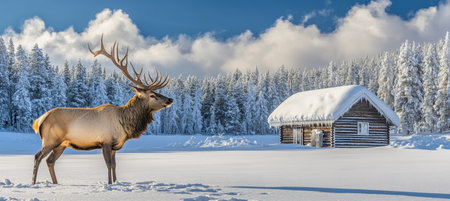Majestic Elk in Winter Wonderland Serene Scene with Snow-Covered Log Cabin in Finnish Laplandの素材