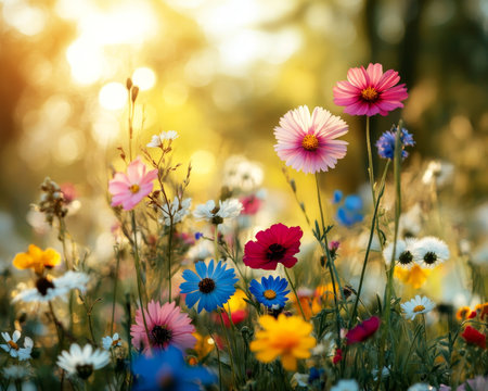Sun-Drenched Wildflower Meadow A Tapestry of Color and Light, Vibrant Blooms in Nature s Gardenの素材
